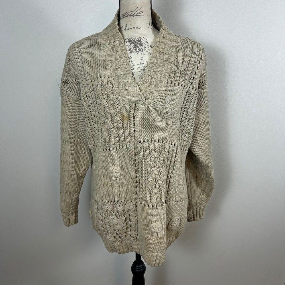 Express Tricot Vintage 90s Cable Knit Patchwork Sweater Womens Medium Beige